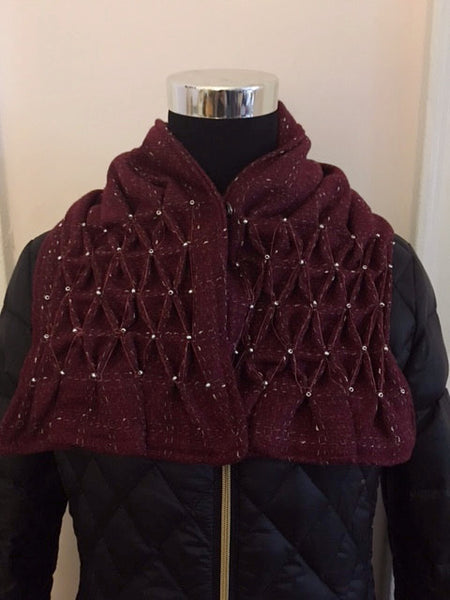 Set - Smocked cowl in cranberry plaid wool with seed beads and matching white knitted beanie