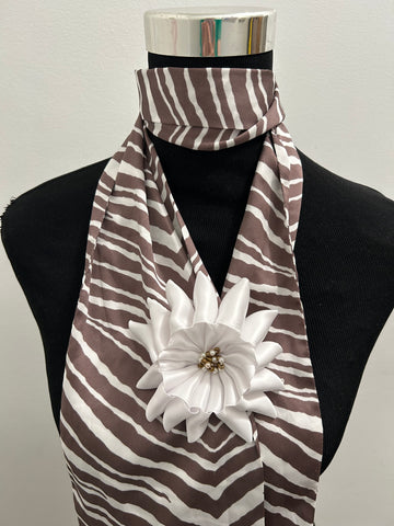 Set - Brown and white vintage scarf and matching white flower brooch