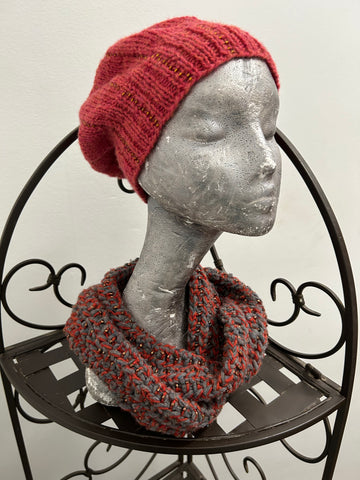 Set - Knitted cowl in orange and blue-gray with seed beads and matching beanie in orange