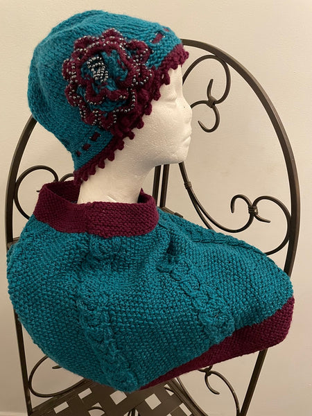 Set -Textured Pacific Blue and Purple Large Knitted Cowl and Matching Beaded Cloche