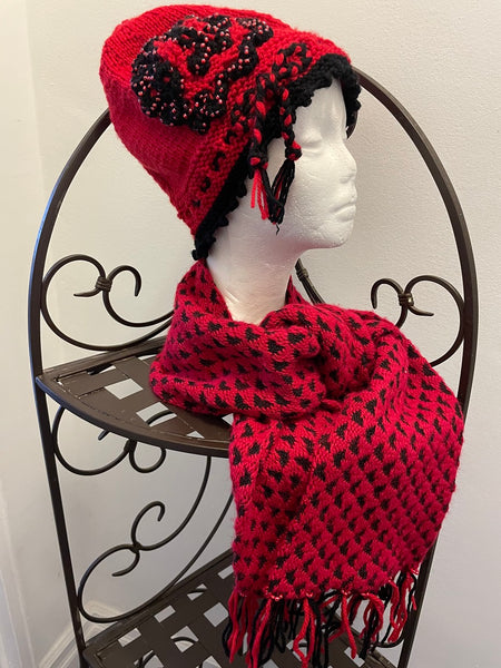 Set - Red and black knit scarf and matching red and knitted cloche